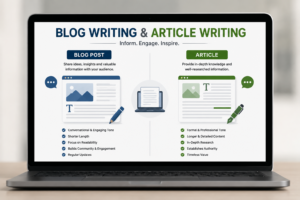 Laptop displaying blog writing and article writing content for SEO and digital marketing.