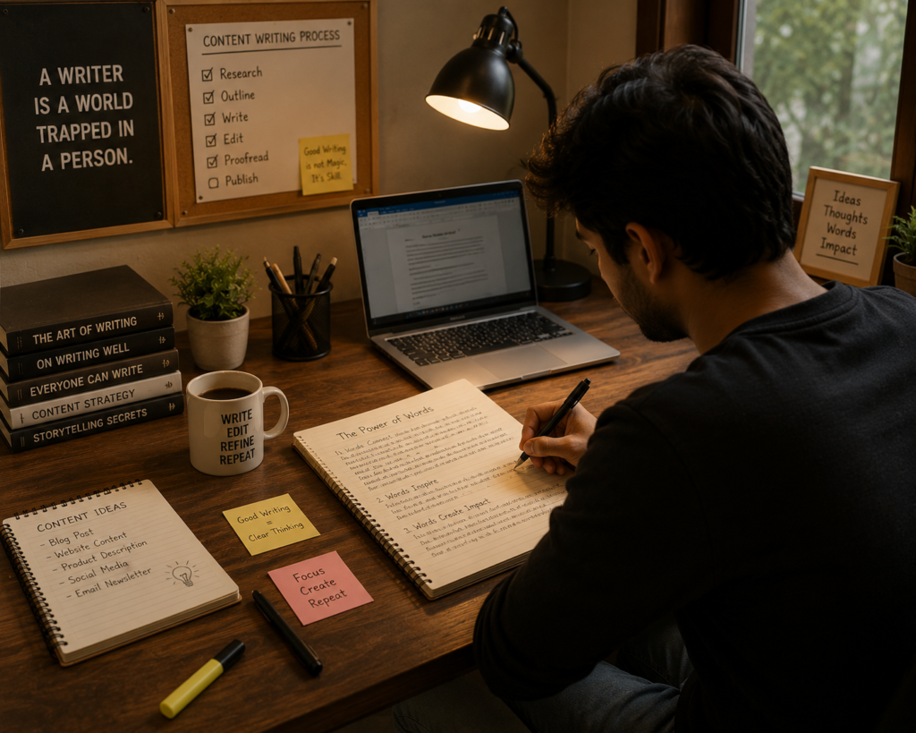 A focused content writer sits at a wooden desk, writing by hand in a notebook while a laptop remains open nearby. The workspace features books, a coffee mug, sticky notes, a desk lamp, and a content writing process board, creating a warm, traditional, and productive writing environment.