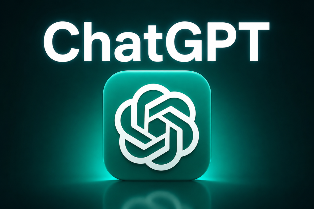 ChatGPT logo with the text "ChatGPT" displayed at the top, featuring the iconic OpenAI symbol on a modern green gradient background representing an AI-powered conversational assistant.