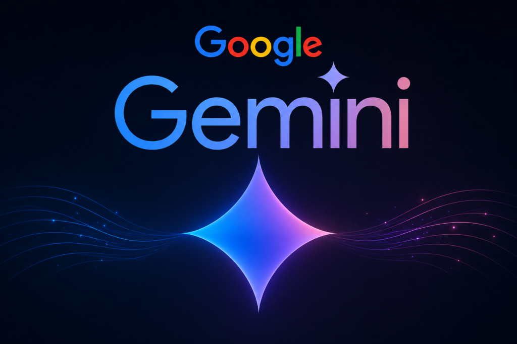 Google Gemini logo featuring the Google branding above the "Gemini" name with a glowing blue and purple star icon on a dark gradient background, representing Google's AI-powered assistant and multimodal generative AI platform.