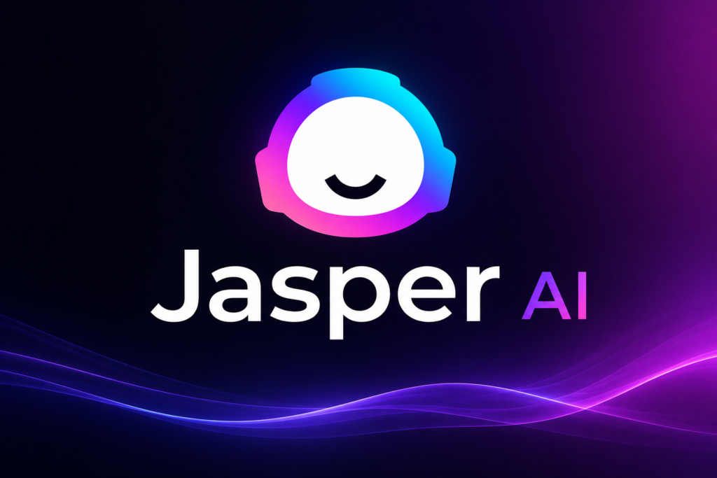 Jasper AI logo design featuring a stylized robot face icon with a purple and blue gradient against a dark background with flowing light waves.