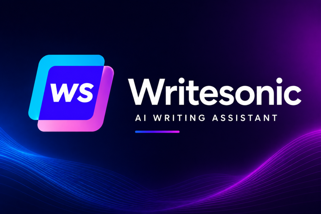 Writesonic AI Writing Assistant logo featuring layered blue and pink geometric square icons with the letters "WS" inside, alongside the brand name and tagline against a dark background with flowing light waves.