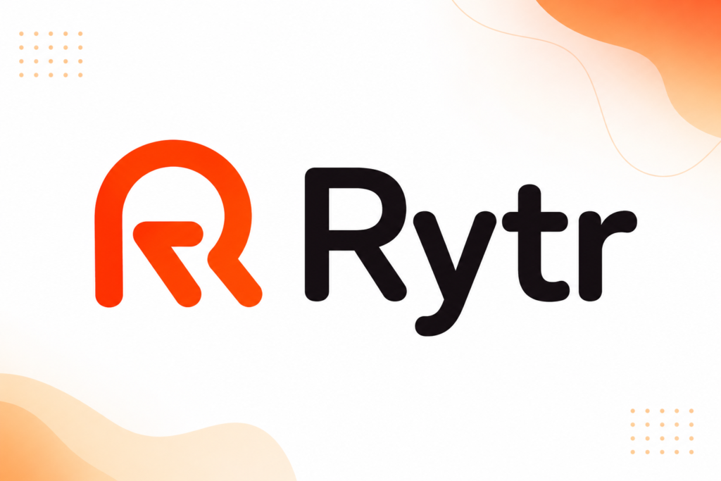 Rytr logo featuring a bold orange abstract "R" icon next to the black brand name "Rytr" against a white background with orange abstract shapes and dot patterns.