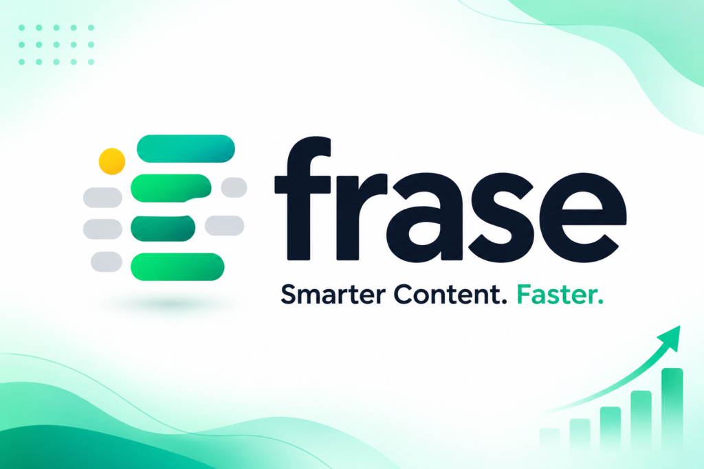 Frase logo featuring an abstract green and grey icon resembling text lines with a small yellow dot, followed by the text "frase" and the tagline "Smarter Content. Faster." against a white background with green wavy accents and a growth chart icon.