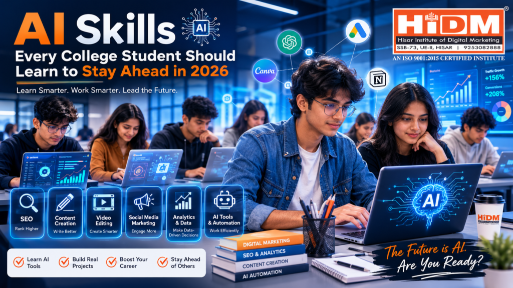 AI Skills Every College Student Should Learn to Stay Ahead in 2026 – futuristic classroom with college students using AI tools, SEO dashboards, content creation software, video editing, analytics, and HiDM logo.