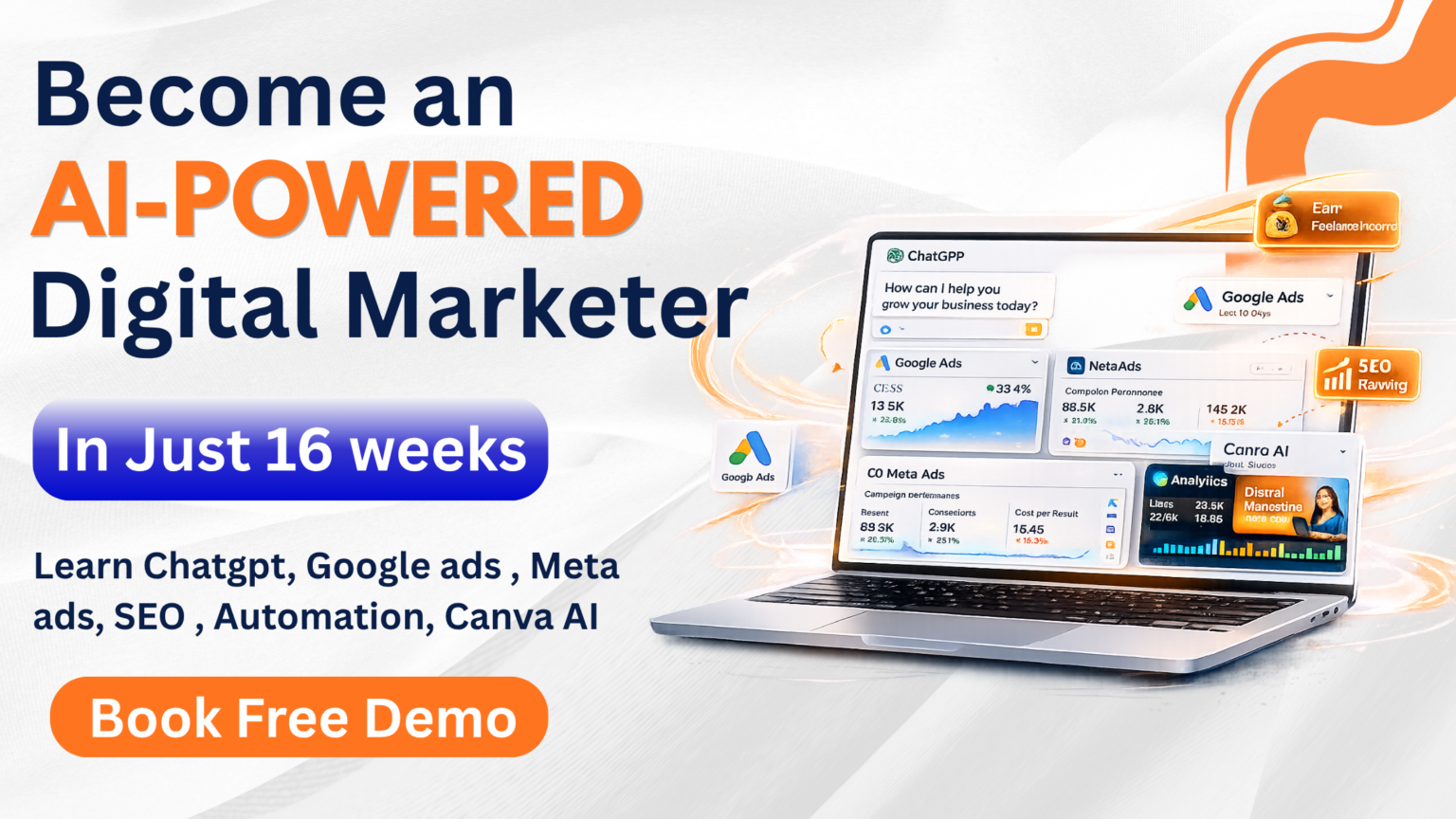 AI-powered digital marketing course banner featuring ChatGPT, Google Ads, Meta Ads, SEO, Automation, and Canva AI training with a free demo.