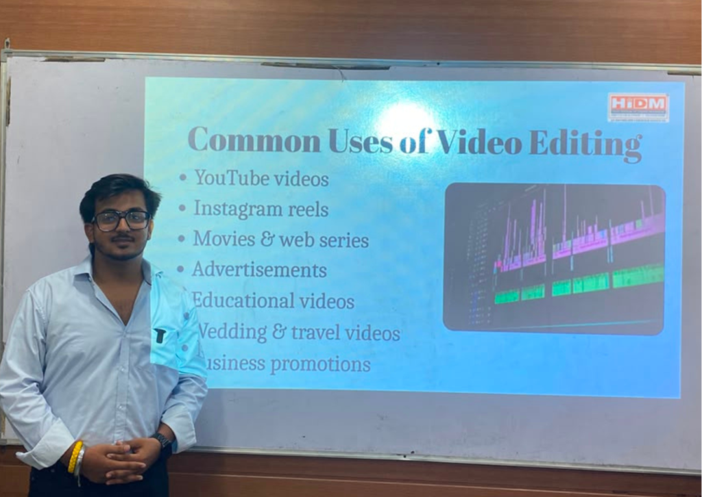 Goutam explaining common uses of video editing including YouTube videos, Instagram reels, advertisements, educational content, and business promotions.