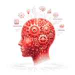 A side-profile illustration of a human head in red, filled with gears and digital networks, surrounded by tech icons like AI, innovation, brain, and growth charts.
