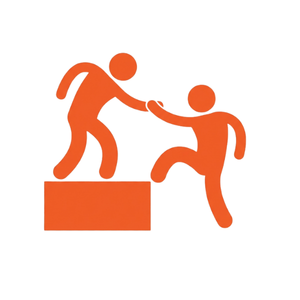 An orange stick figure icon of one person standing on a platform, reaching down to pull another person up.