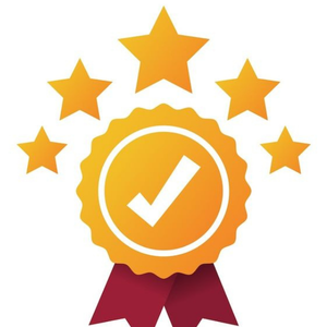 A gold guarantee seal featuring a white checkmark inside, attached to red ribbons, with five golden stars arched above it.