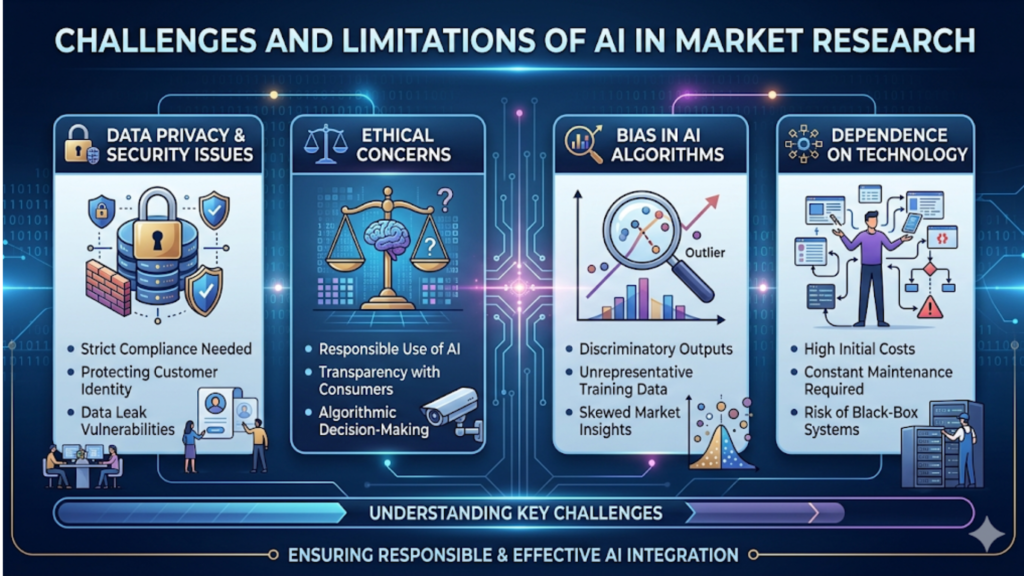 nfographic titled “Challenges and Limitations of AI in Market Research” showing data privacy and security issues, ethical concerns, bias in AI algorithms, and dependence on technology.