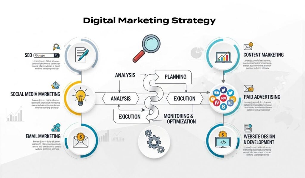 Infographic showing AI-powered digital marketing course modules including SEO, Google Ads, social media marketing, and analytics.