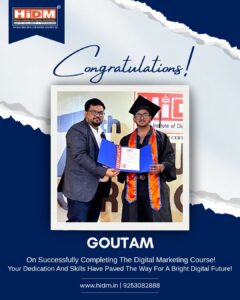 Digital marketing course certificate awarded to a student by the HIDM trainer.
