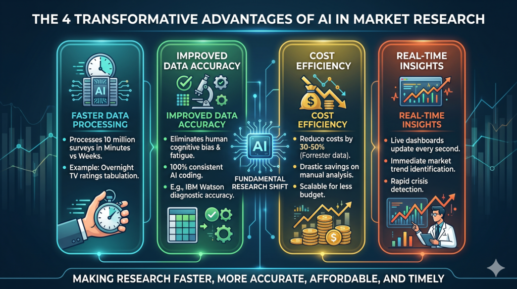 Infographic titled “The 4 Transformative Advantages of AI in Market Research” showing faster data processing, improved data accuracy, cost efficiency, and real-time insights.