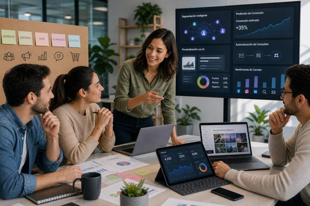 Artificial Intelligence dashboard showing marketing automation, customer analytics, and AI-powered content creation.