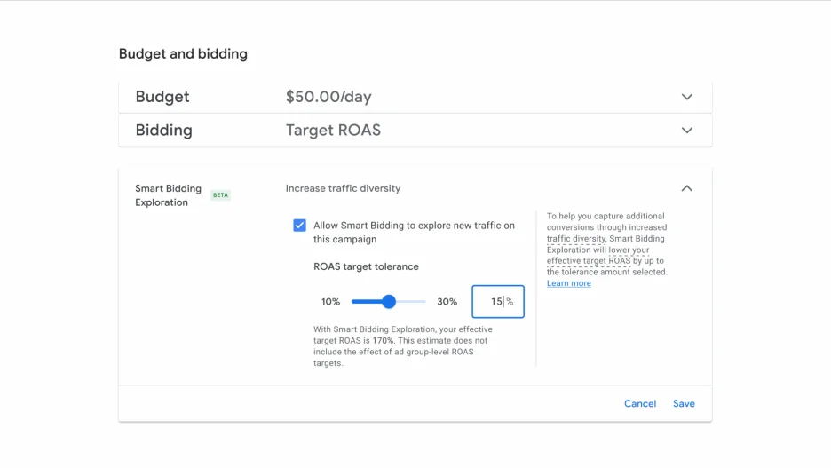 Google Ads dashboard showing budget and bidding settings with Smart Bidding Exploration beta feature