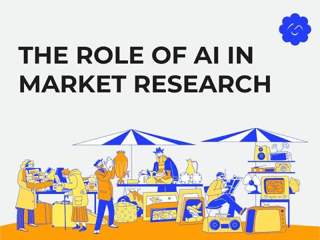 Illustration titled “The Role of AI in Market Research” showing people interacting with market stalls and AI-powered technology in a modern marketplace setting.