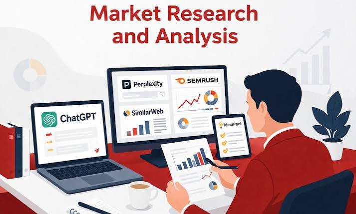Illustration of a person using ChatGPT, Perplexity, SEMrush, and SimilarWeb for market research and analysis.