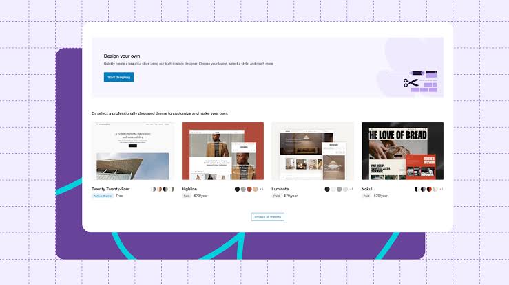 A WooCommerce interface displaying the theme selection and customization screen. The page features a "Design your own" option alongside professionally designed website templates, allowing users to choose, customize, and launch an online store using WooCommerce and WordPress.