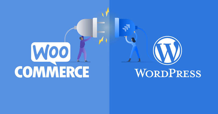 An illustration showing the integration between WooCommerce and WordPress using a plug-and-socket graphic. The WooCommerce logo appears on the left, the WordPress logo on the right, and two characters connect the plug to symbolize seamless compatibility for building e-commerce websites.