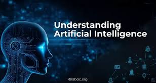 Digital illustration of a humanoid AI face with circuit patterns and the text “Understanding Artificial Intelligence” on a blue technology-themed background.