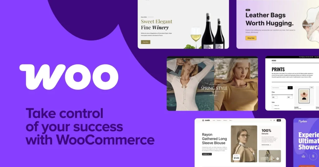 A promotional WooCommerce banner with a purple gradient background featuring the WooCommerce logo and the tagline "Take control of your success with WooCommerce." The design showcases multiple modern e-commerce website templates for industries including fashion, wine, accessories, and home décor, highlighting the platform's flexibility for building professional online stores.