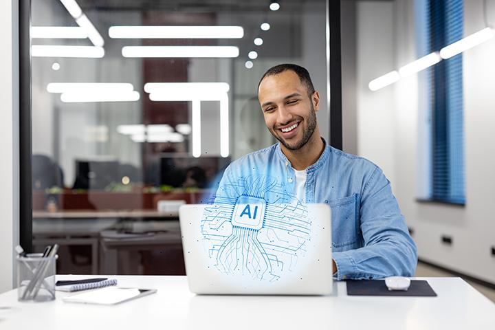 Digital marketer using AI tools on laptop.