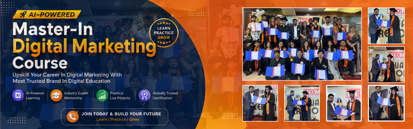 Banner advertisement for an AI-Powered Master-In Digital Marketing Course in fatehabad featuring program highlights, a "Join Today" call to action, and photos of students holding graduation certificates.