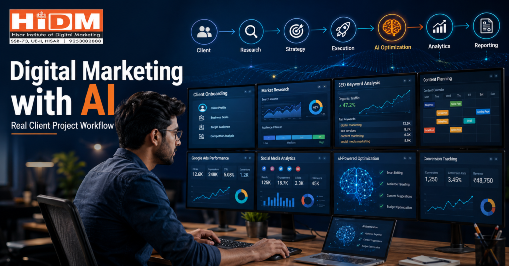 Digital marketing professional using AI-powered tools for a real client project workflow including SEO, Google Ads, analytics, and reporting.