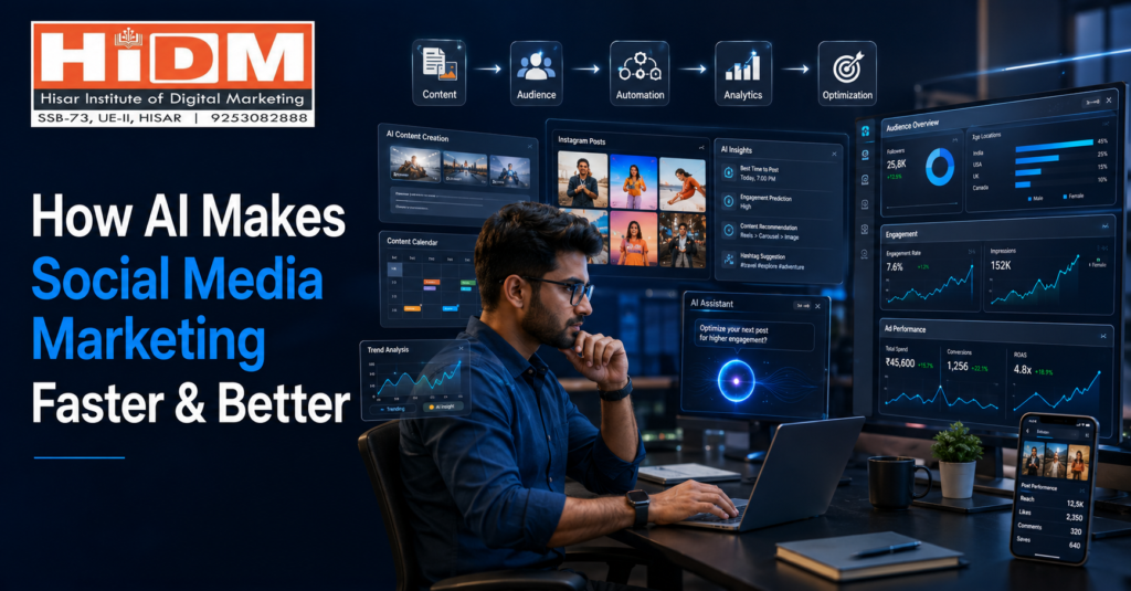 Young Indian digital marketing professional working on a laptop in a modern agency workspace, surrounded by AI-powered social media marketing dashboards showing content creation, audience analytics, scheduling, engagement graphs, advertising performance, and optimization insights.
