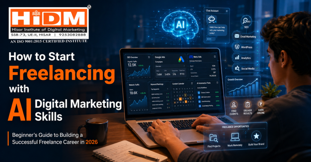 How to Start Freelancing with AI Digital Marketing Skills – AI freelancer working with SEO, Google Ads, analytics, and digital marketing dashboards.