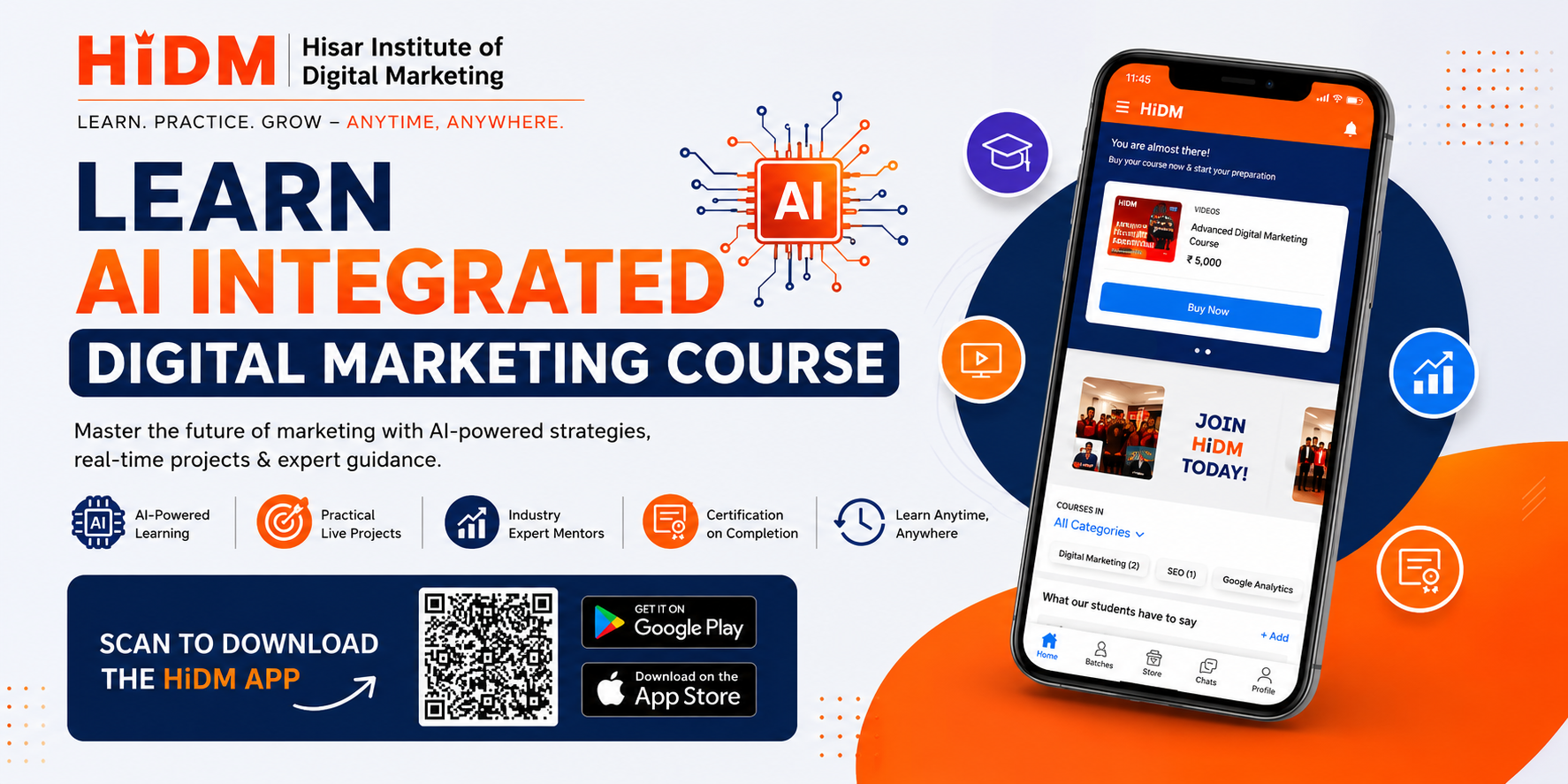 Promotional banner for HiDM's AI Integrated Digital Marketing Course in fatehabad, displaying app download options via QR code and a smartphone previewing the app UI