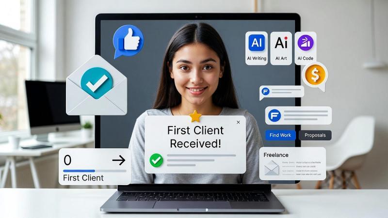 Beginner AI digital marketing freelancer working on a small client project using SEO tools, AI software, and analytics dashboards in a modern workspace.
