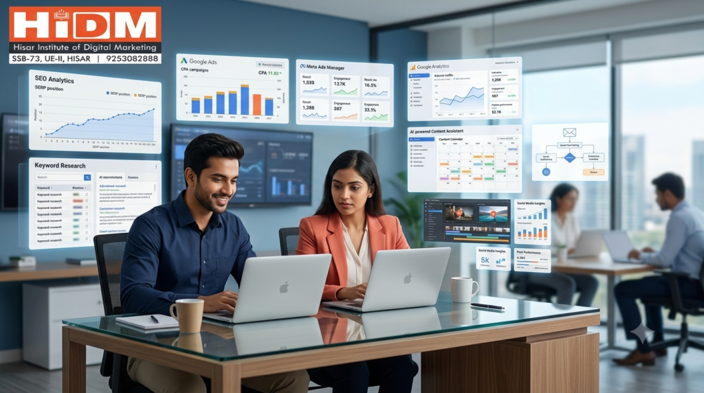 A professional digital marketing agency office featuring two young Indian professionals working on laptops with clean holographic dashboards displaying SEO analytics, Meta Ads, Google Analytics, and content workflow graphs, with the HIDM logo in the top-left corner.