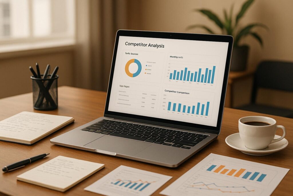 Digital marketer analyzing competitor research and SEO keyword data