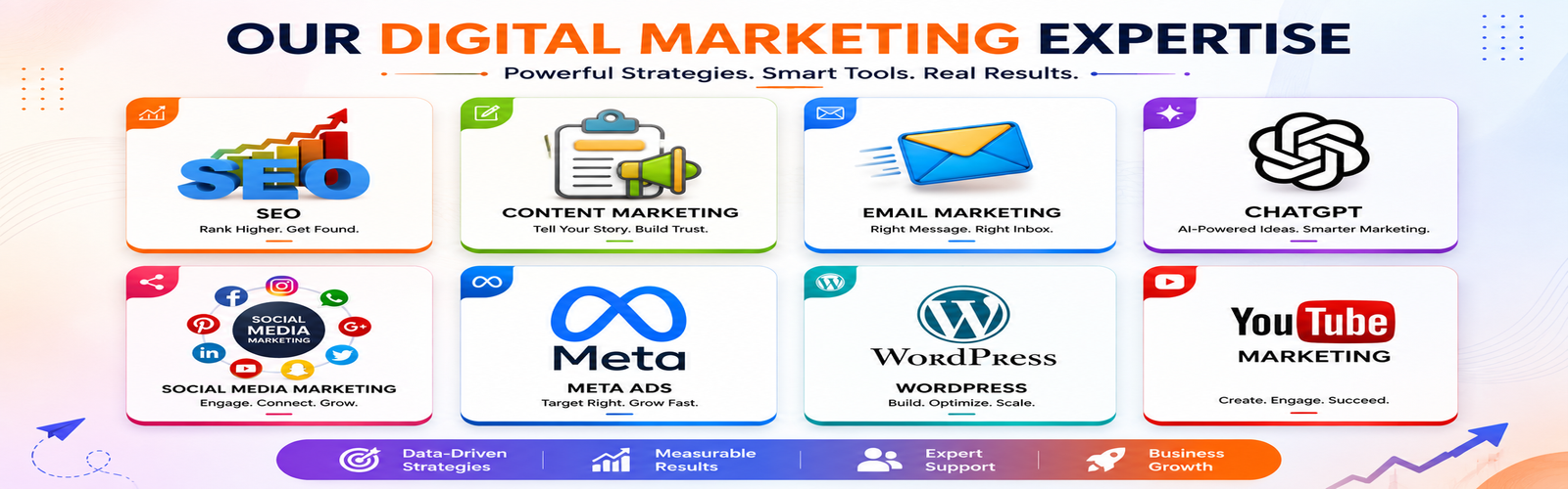 An infographic displaying eight digital marketing services including SEO, Meta Ads, ChatGPT, and Social Media Marketing.