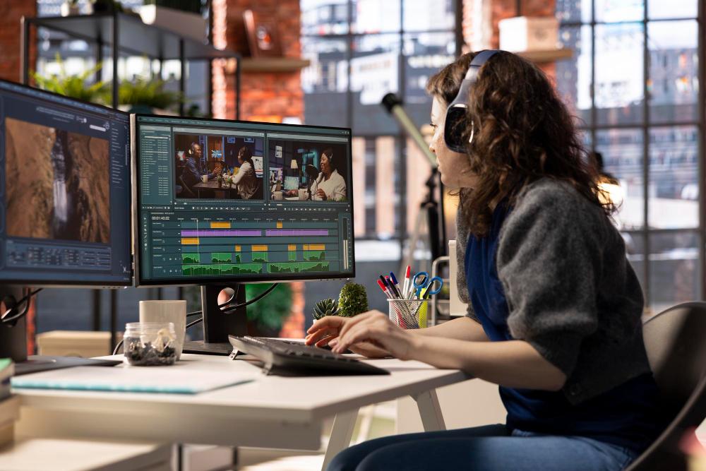 Content creator editing videos for social media marketing.