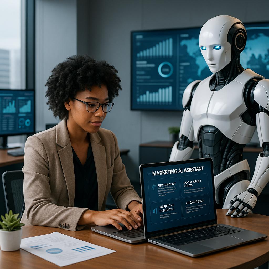 Human digital marketer collaborating with AI for social media marketing