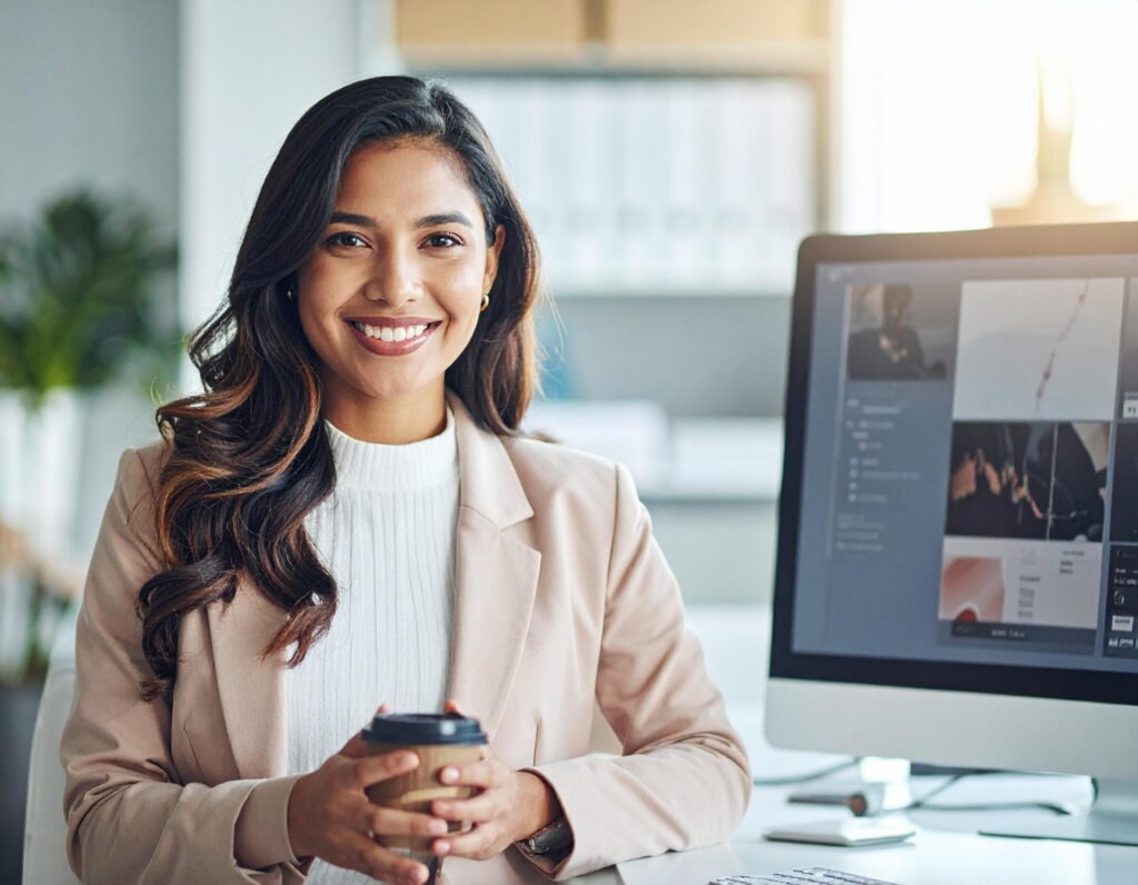 Young digital marketing professional in a modern office.