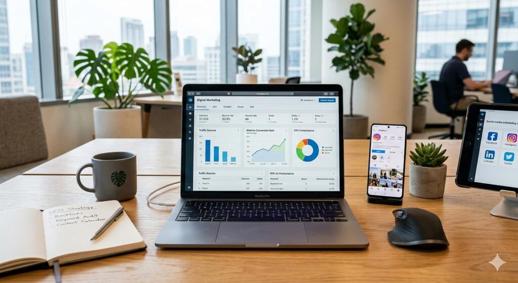 Digital marketing portfolio featuring SEO projects, social media campaigns, websites, and online advertising work.