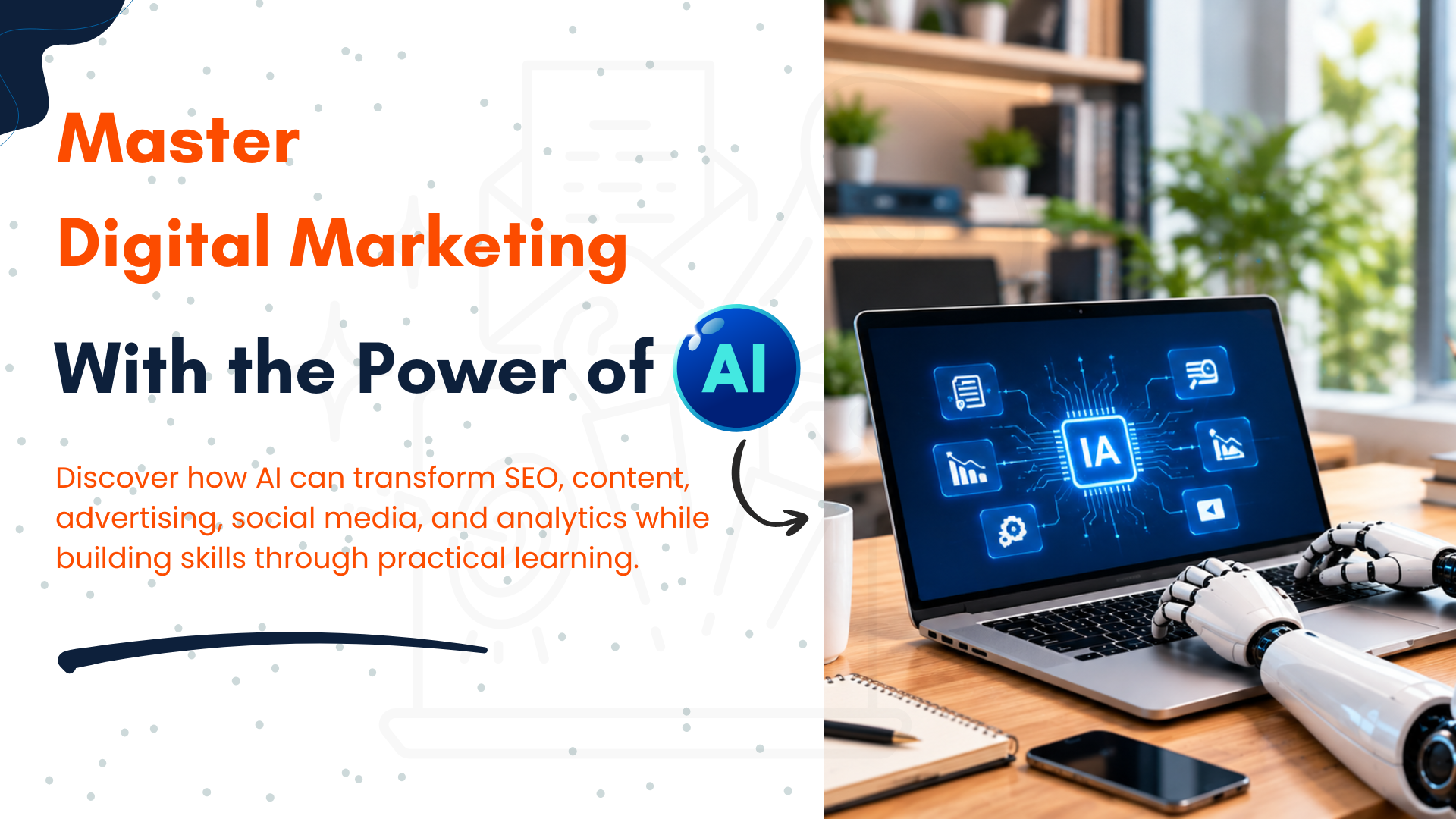 Master digital marketing with AI graphic showing robotic hand typing on laptop with AI chip graphic on screen.