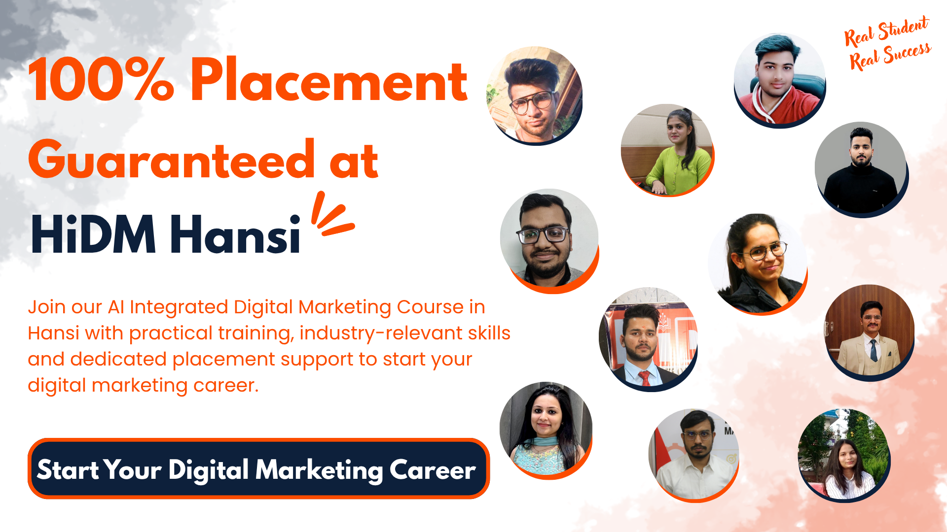 HiDM Hansi 100% placement guaranteed banner featuring student success photos and call to action.