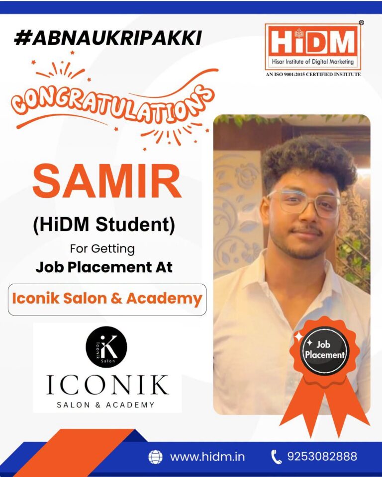 Samir, HiDM digital marketing student, placed at Iconik Salon & Academy.