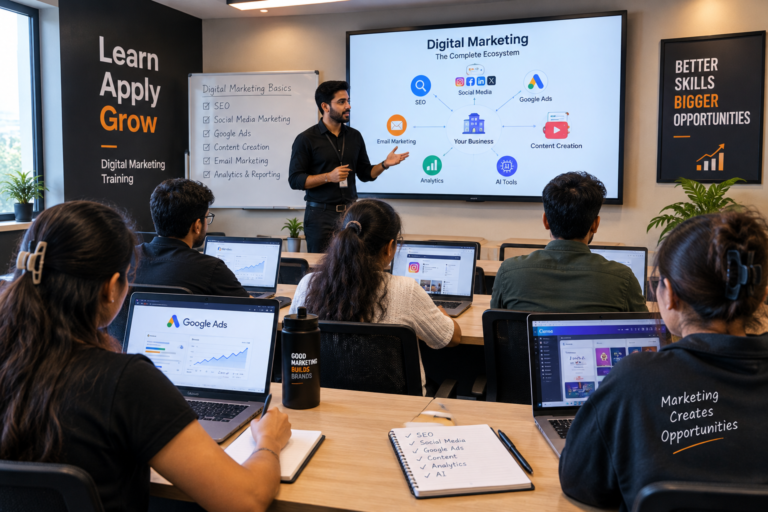 Students learning digital marketing through practical training