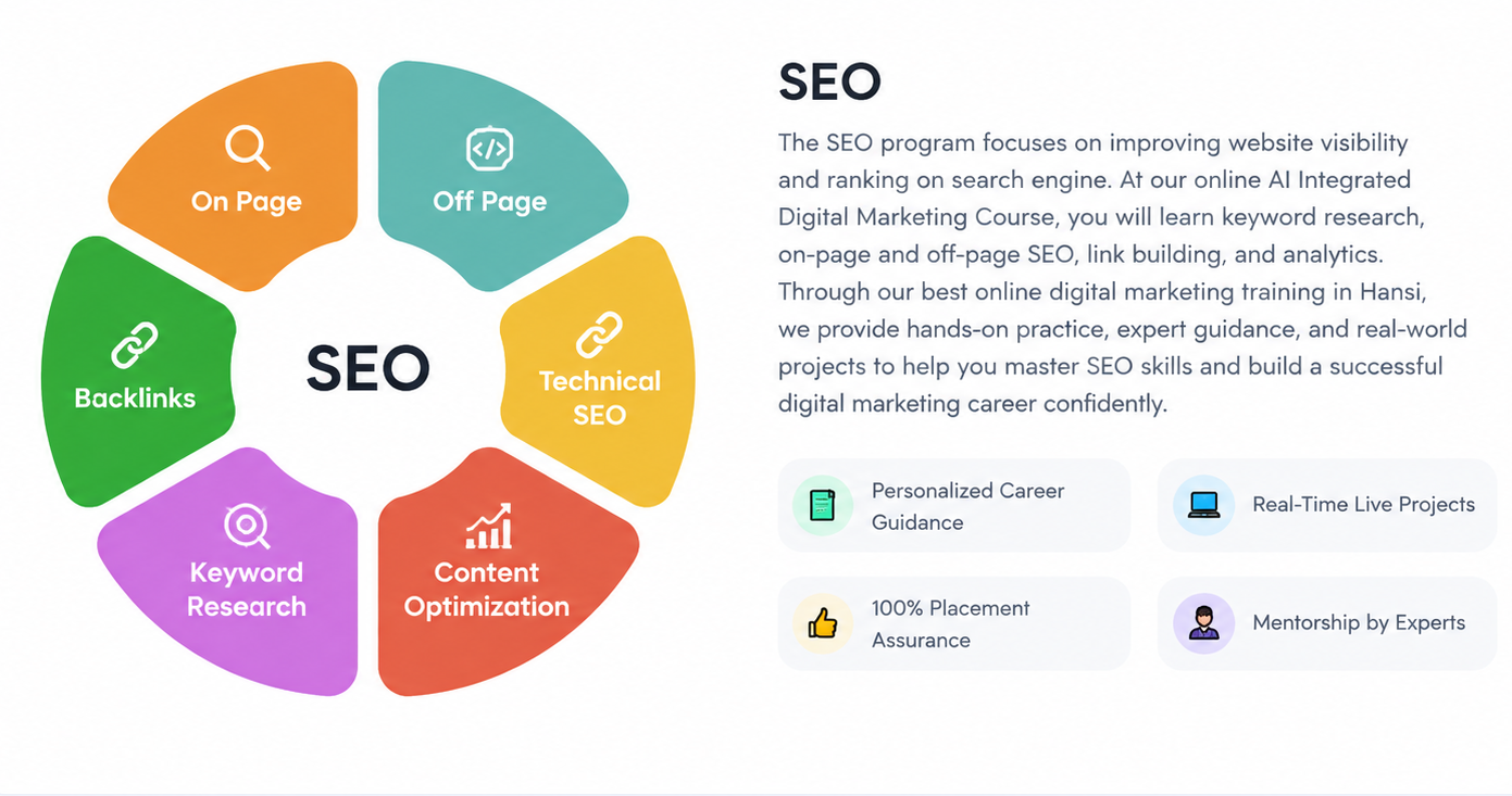 SEO curriculum overview diagram showing On Page, Off Page, Technical SEO, Content Optimization, Keyword Research, and Backlinks.