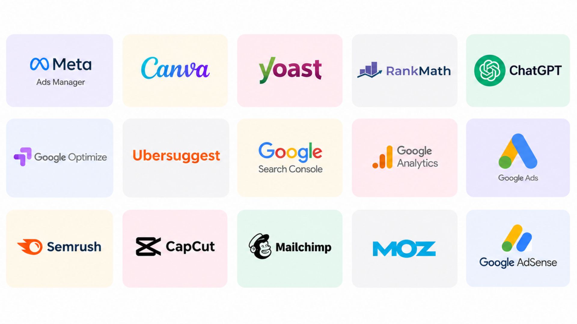 Digital marketing tools including Meta Ads, Canva, Yoast, Rank Math, ChatGPT, Google Ads, Semrush and Moz