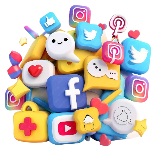 3D style social media icons jaise Facebook, Instagram, Twitter, YouTube aur like buttons ka cluster